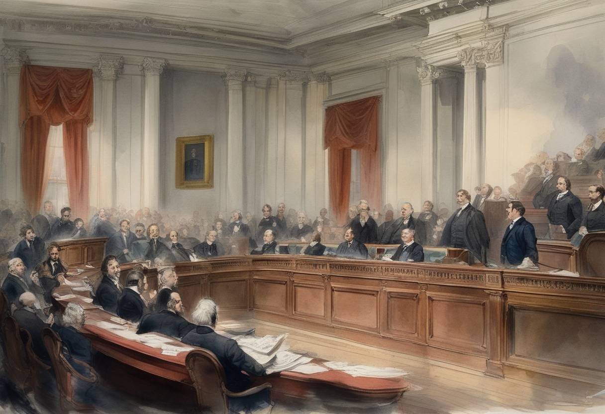 Watercolor painting based depiction of The United States Congress begins its first impeachment trial of a sitting cabinet member, Secretary of War William W. Belknap, who resigned after being accused of accepting bribes. (1871)