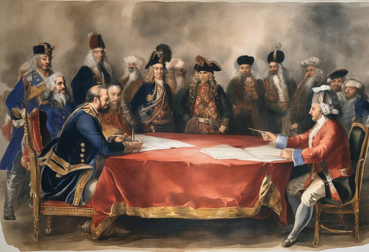 Watercolor painting based depiction of The Treaty of Passarowitz was signed, concluding the Austro-Turkish and Venetian- Turkish Wars of 1716-1718. The treaty marked the end of hostilities between the Ottoman Empire and Austria, with significant territorial changes in favor of Austria. (1718)