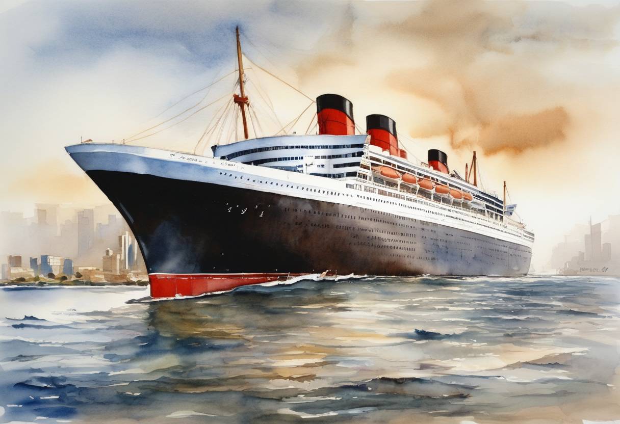 Watercolor painting based depiction of The RMS Queen Mary 2 explores the Middle East region as the first passenger ship, marking a significant cruise voyage. (2007)