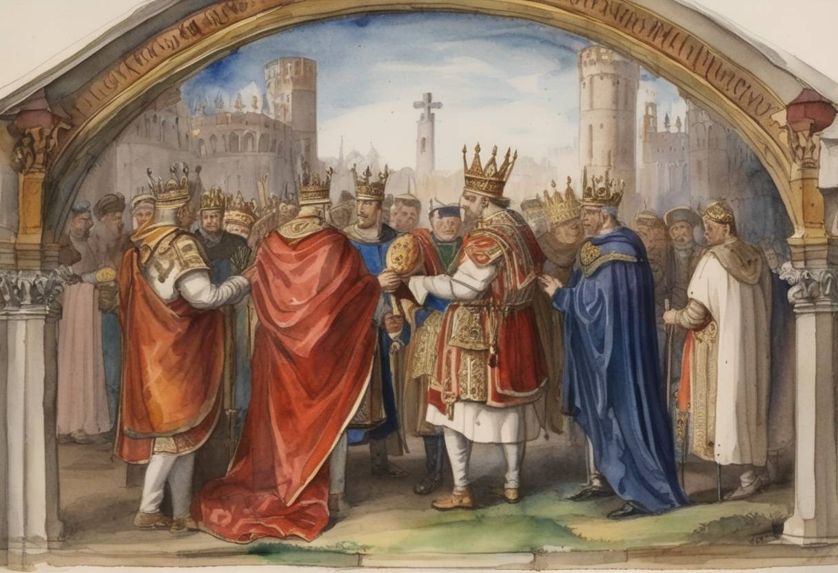 Watercolor painting based depiction of The Concordat of Worms (also known as the Pactum Calixtinum) between Pope Paschal II and Holy Roman Emperor Henry V was signed to resolve the Investiture Controversy, a major conflict between the church and the Holy Roman Empire over the appointment of bishops. (1111)