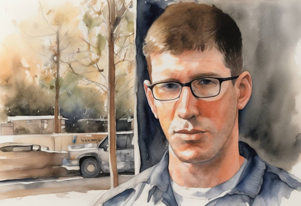 Watercolor painting based depiction of Oklahoma City bombing suspect Timothy McVeigh and accomplice Terry Nichols were indicted on 11 counts following the devastating April 19 attack. (1995)