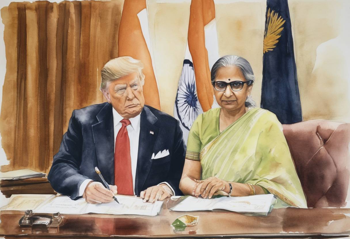 Watercolor painting based depiction of The United States signed an agreement with India to work on civilian nuclear projects together. This agreement marked a significant diplomatic development in U.S.-India relations, underlining a strategic partnership between the two nations. (2000)