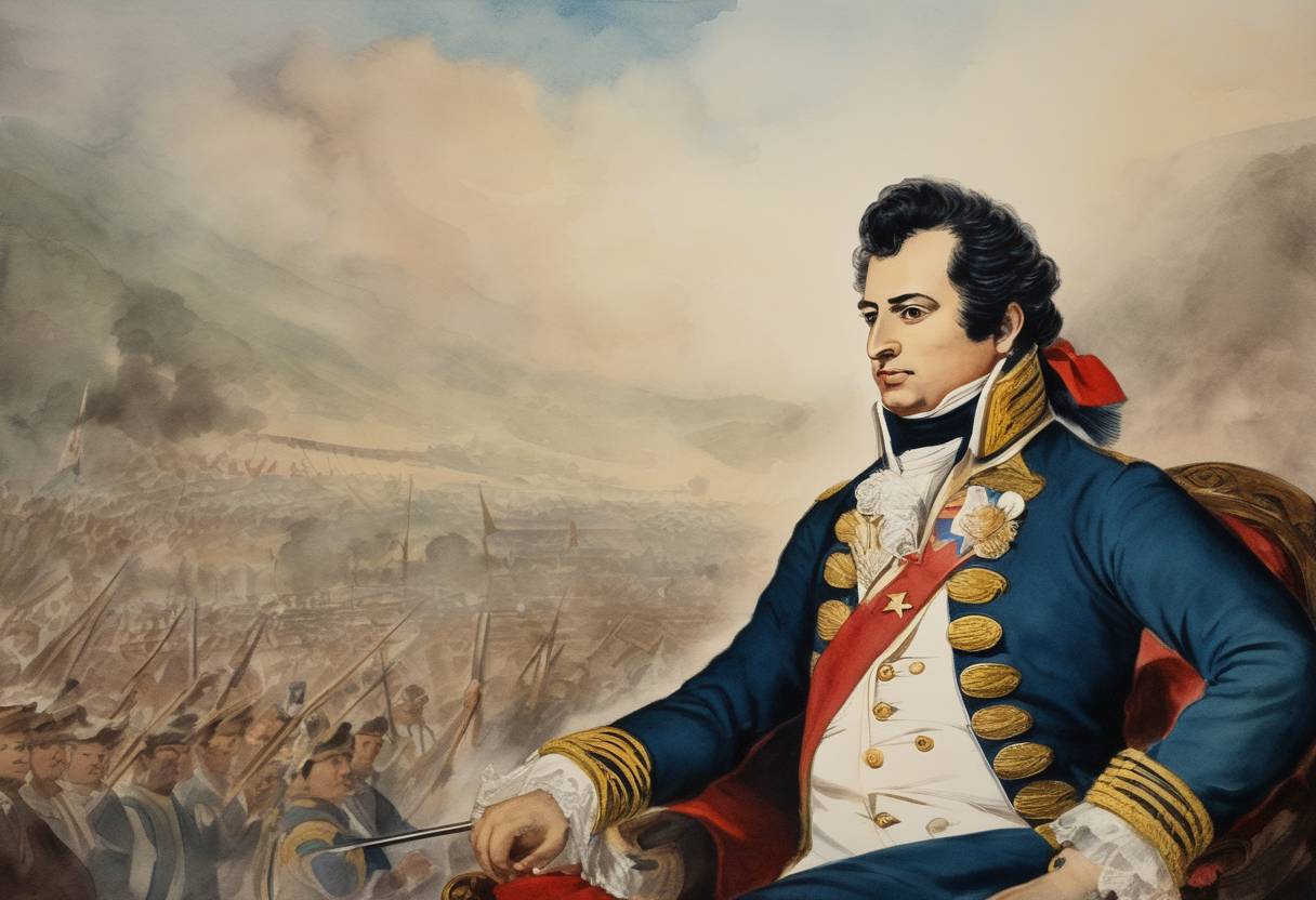 Watercolor painting based depiction of Simón Bolívar, a revolutionary leader who played a key role in Latin America's successful struggle for independence from the Spanish Empire, was born. (1783)