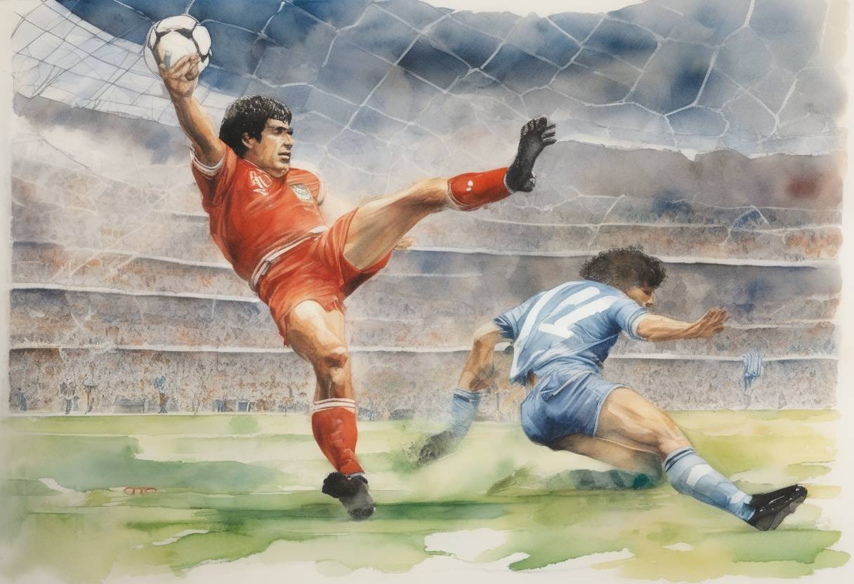Watercolor painting based depiction of The 'Hand of God' goal was scored by Diego Maradona during the FIFA World Cup quarter-final match between Argentina and England, a controversial moment in sports history. (1986)