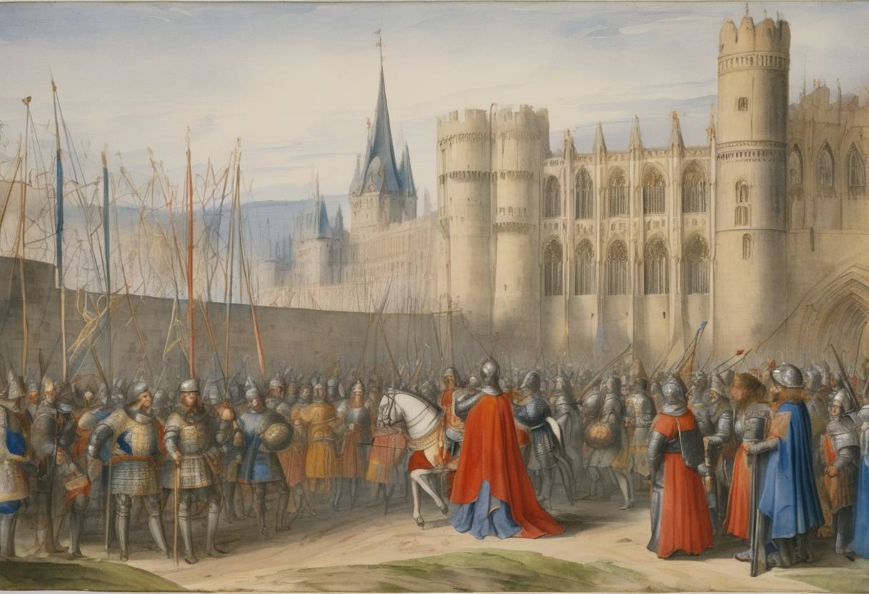 Watercolor painting based depiction of King Edward III of England was declared King of France, claiming the French throne as a grandson of Philip IV, sparking the Hundred Years' War. (1340)