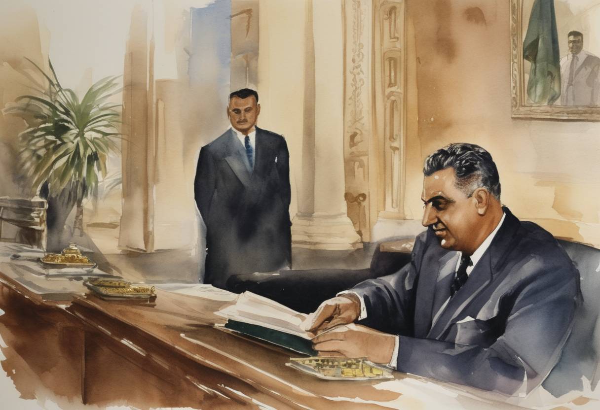 Watercolor painting based depiction of Gamal Abdel Nasser becomes President of Egypt. (1956)