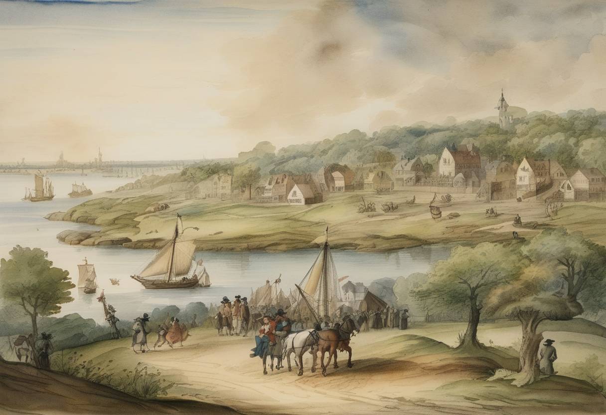Watercolor painting based depiction of The Massachusetts Bay Colony passed a law making it illegal for the Quakers to enter the colony, reflecting the religious intolerance and strict Puritanical governance of the time. (1646)
