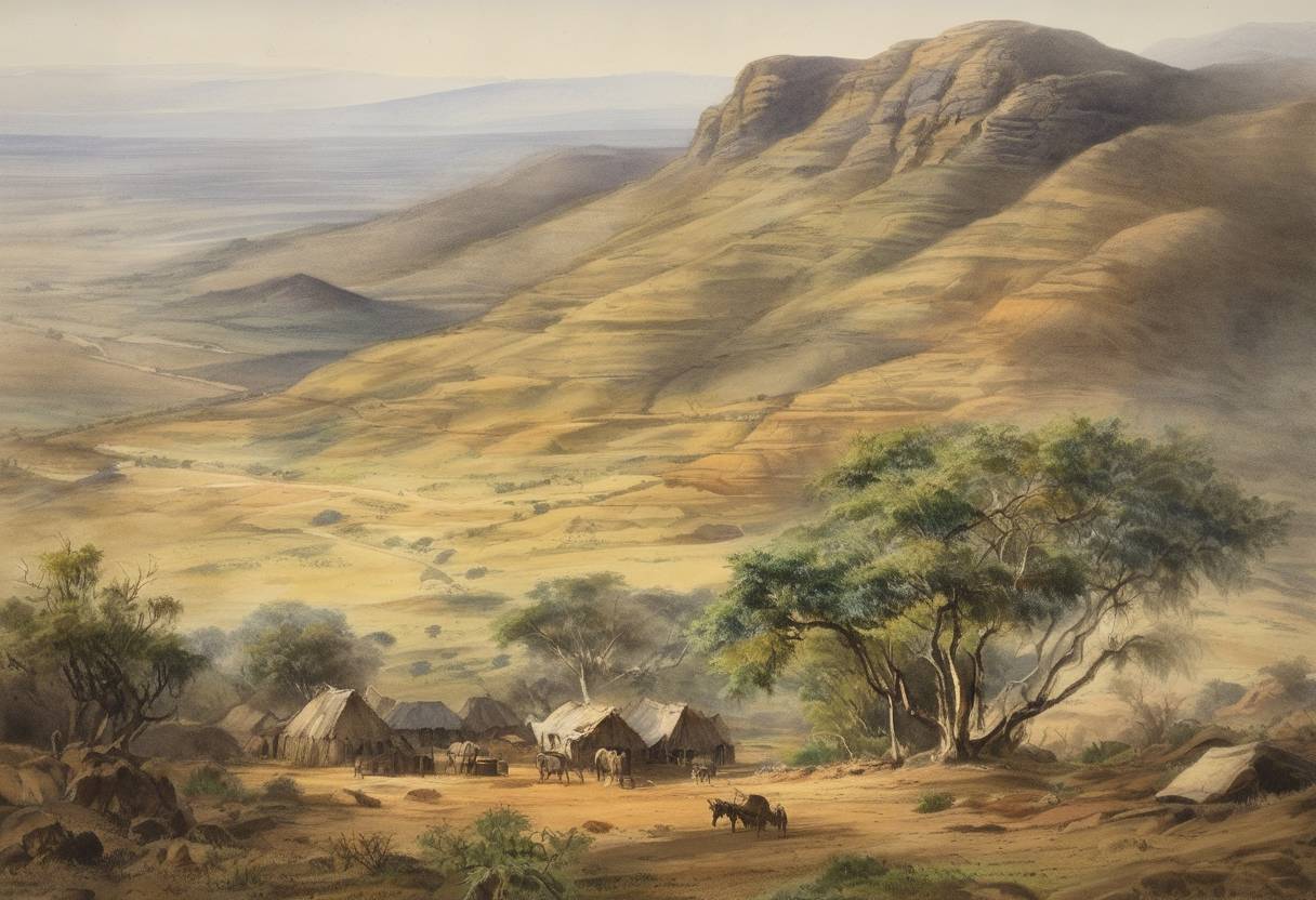 Watercolor painting based depiction of The diamond fields of Griqualand West, South Africa, were annexed by the British. (1871)