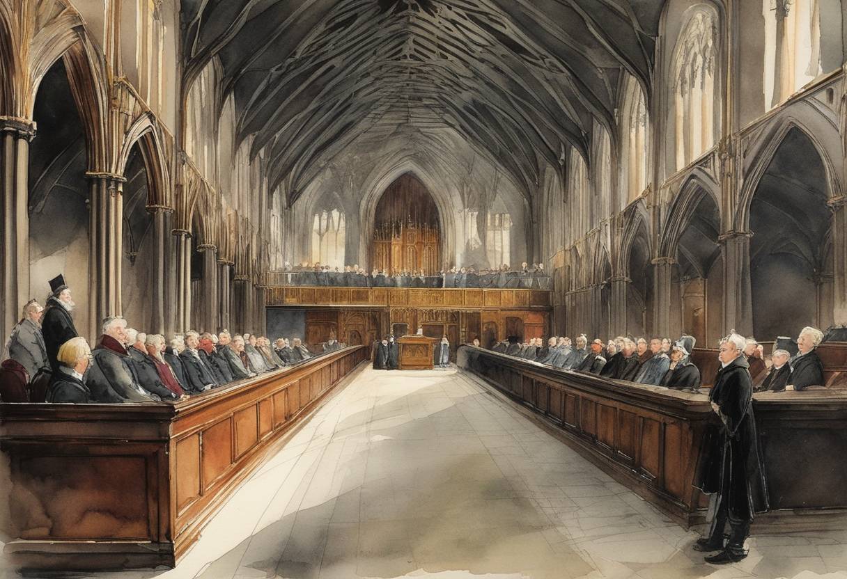 Watercolor painting based depiction of The Parliament of Ireland met in Kilkenny for the first time. This assembly marked an important step in the Irish parliamentary system, highlighting more localized governance under the English rule. (1264)
