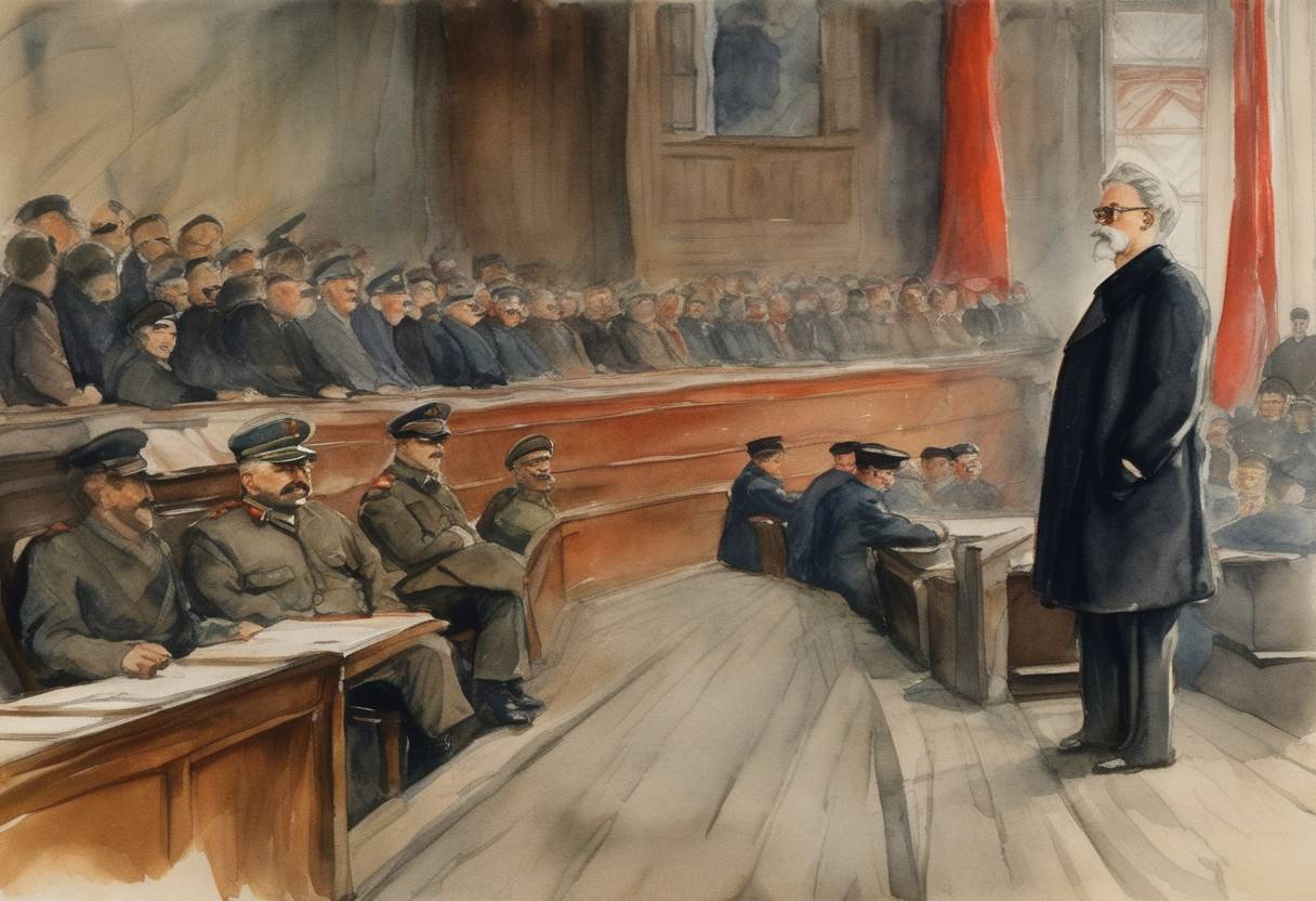 Watercolor painting based depiction of Leon Trotsky is dismissed as the Chairman of the Revolutionary Military Council, marking a significant event in the power struggles following Lenin's death, which eventually led to the rise of Joseph Stalin. (1925)