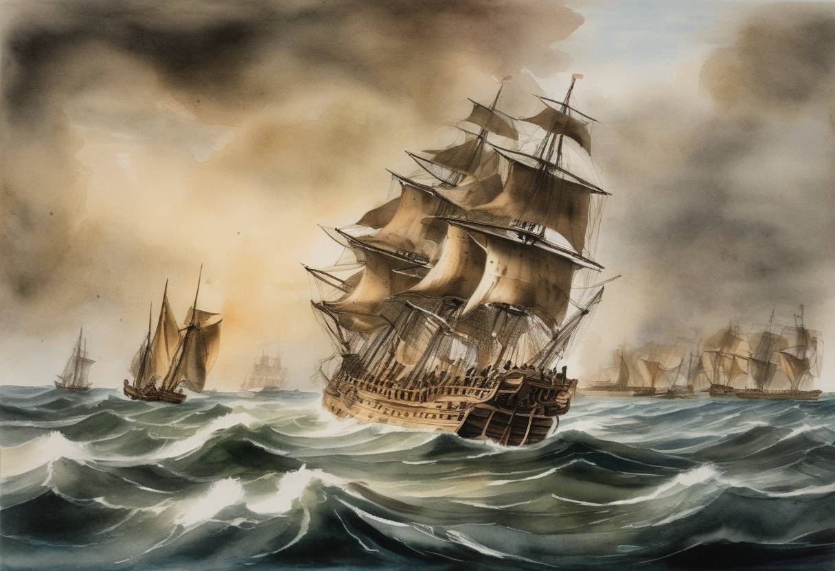 Watercolor painting based depiction of The Amistad slave ship uprising occurred when captain Ramon Ferrer and crew were killed by the captives on board, marking a significant event in the movement against slavery. (1839)