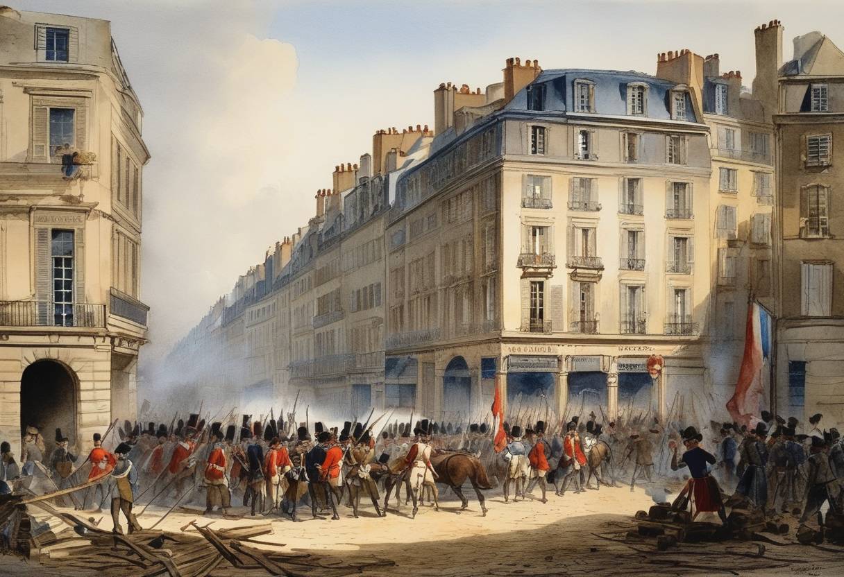 Watercolor painting based depiction of A revolutionary barricade was raised on the Rue Saint-Denis in Paris, France, marking the beginning of the June Rebellion, a Parisian uprising against the rule of King Louis-Philippe I. (1829)