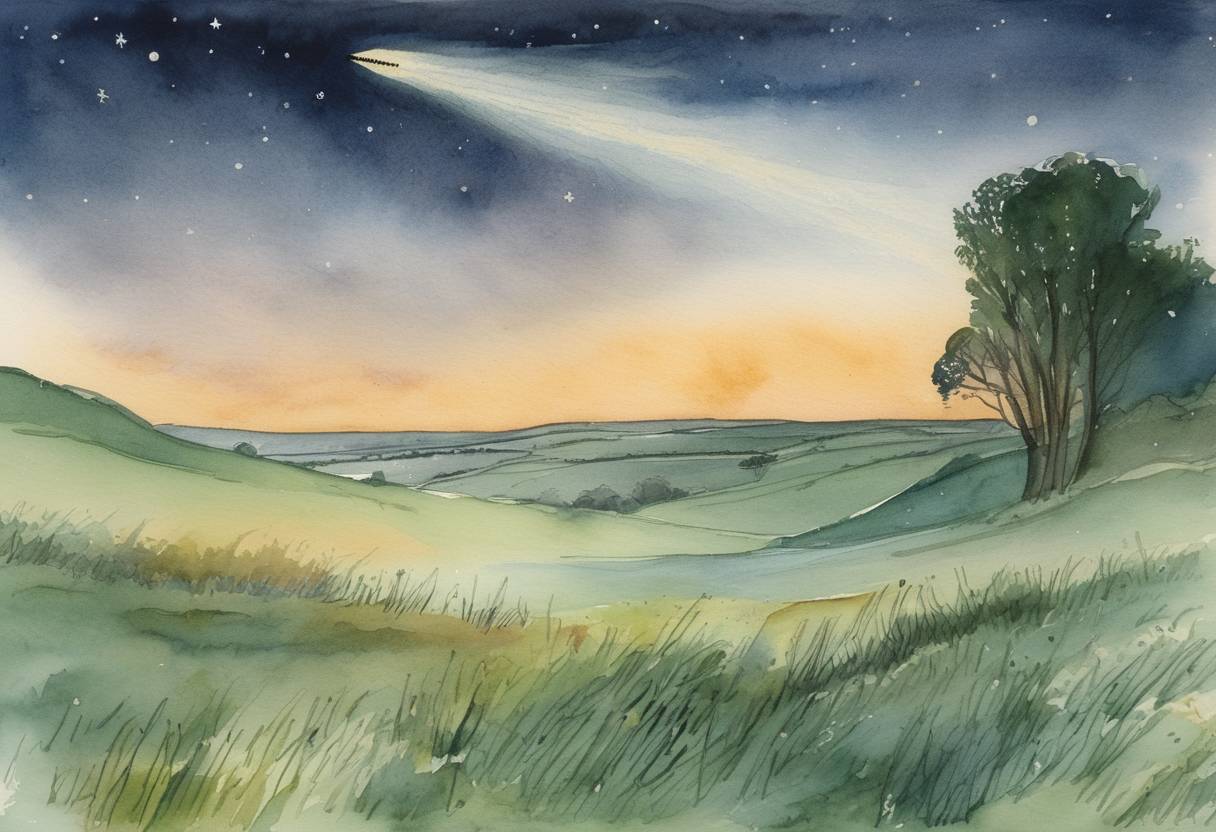 Watercolor painting based depiction of On April 24, 1066, Halley's Comet appeared, an event noted by medieval chroniclers. It is famously depicted in the Bayeux Tapestry and was considered an omen by many in Europe, particularly concerning the political turmoil in England. (1066)