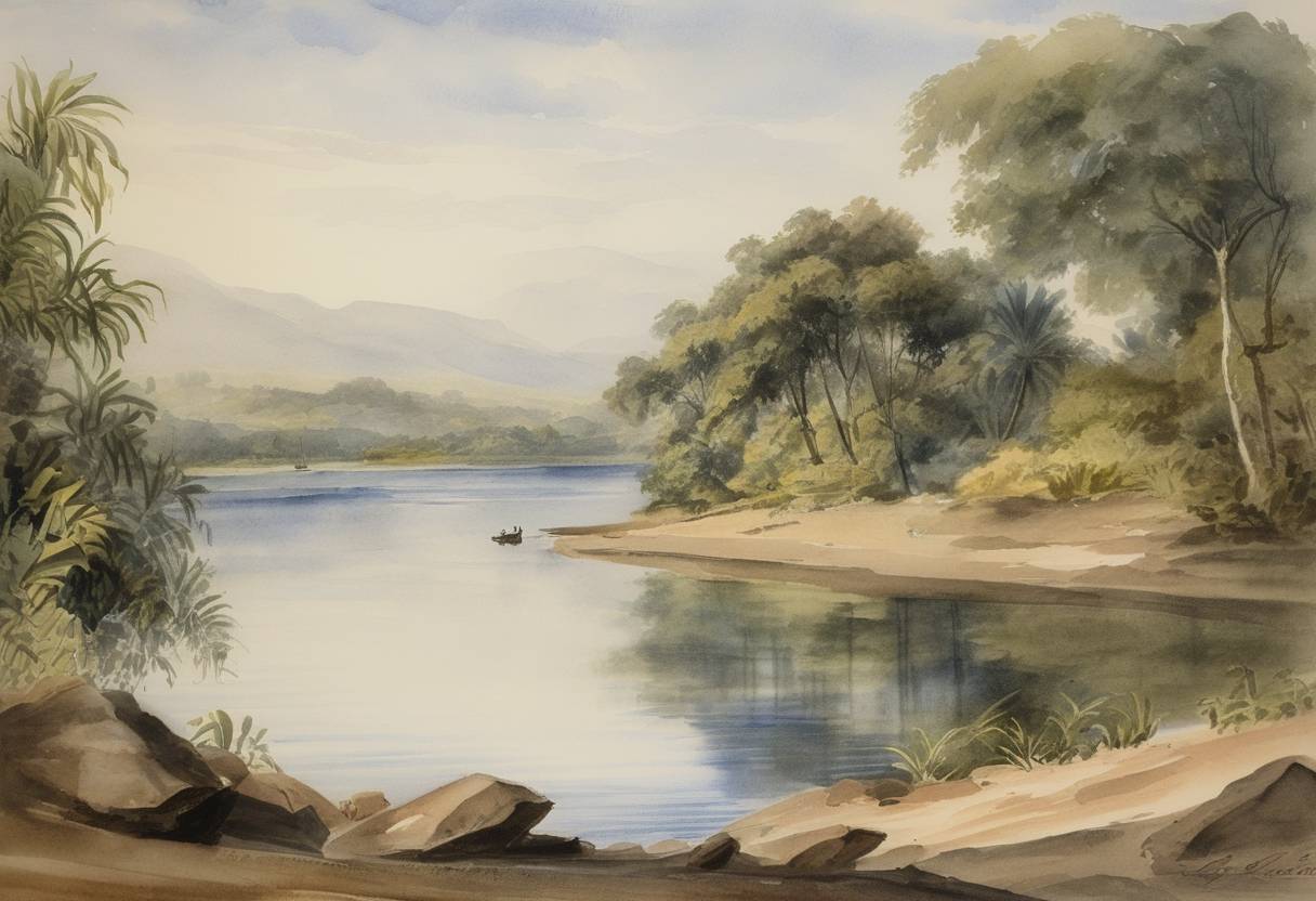 Watercolor painting based depiction of James Bruce, a Scottish explorer, discovered what he believed to be the source of the Nile, the Blue Nile's origin at Lake Tana in Ethiopia. (1770)