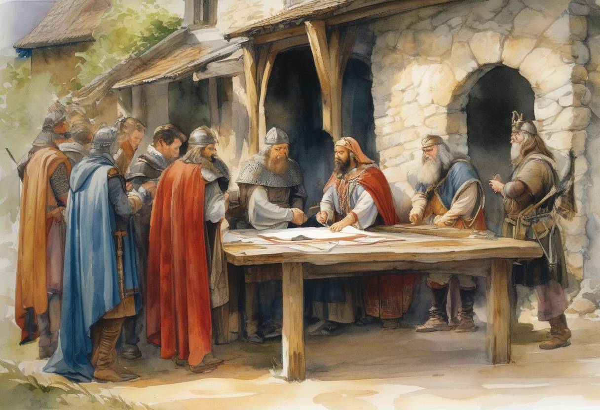Watercolor painting based depiction of Signing of the Treaty of Saint-Clair-sur-Epte between Charles the Simple and Rollo, which granted the Vikings land in exchange for protection and conversion to Christianity, leading to the establishment of Normandy. (911)