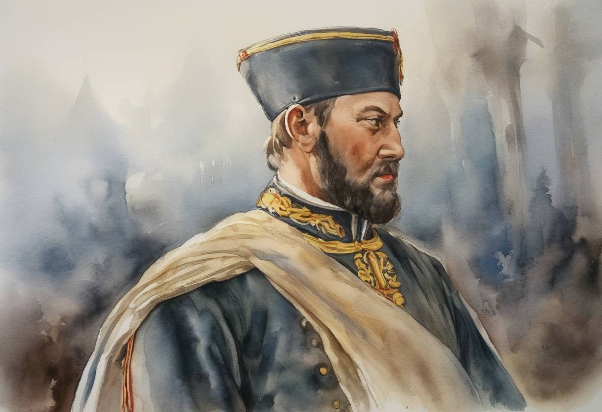 Watercolor painting based depiction of Bohdan Khmelnytsky, a notable historical figure and leader of the Khmelnytsky Uprising against Polish rule in Ukraine, was born. (1103)