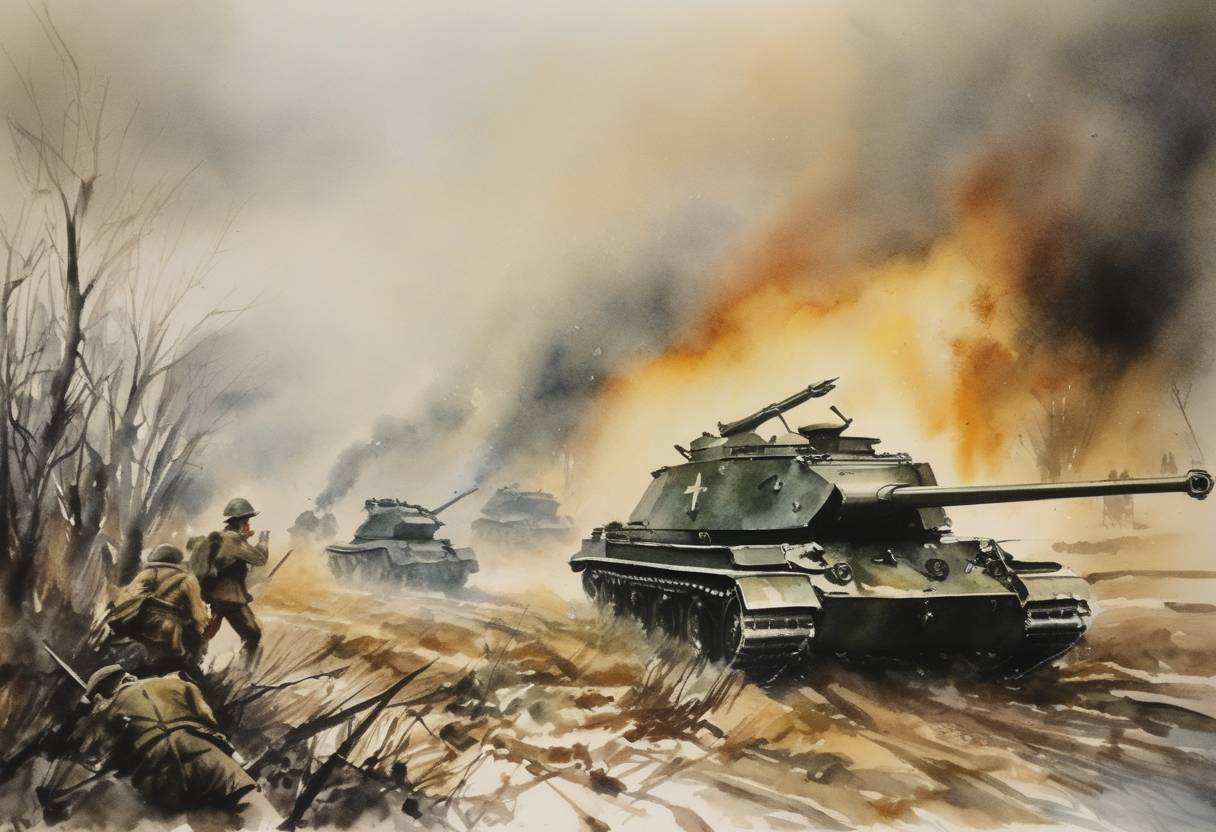 Watercolor painting based depiction of The Battle of Osuchy took place, one of the largest battles between Polish resistance and Nazi Germany during World War II. (1944)