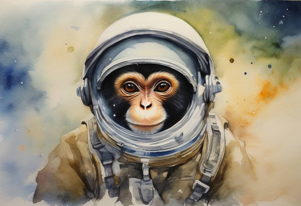 Watercolor painting based depiction of Iran launched a live monkey into space as part of a space mission to advance their aerospace capabilities, leading to concerns over potential military applications of their space program. (2013)