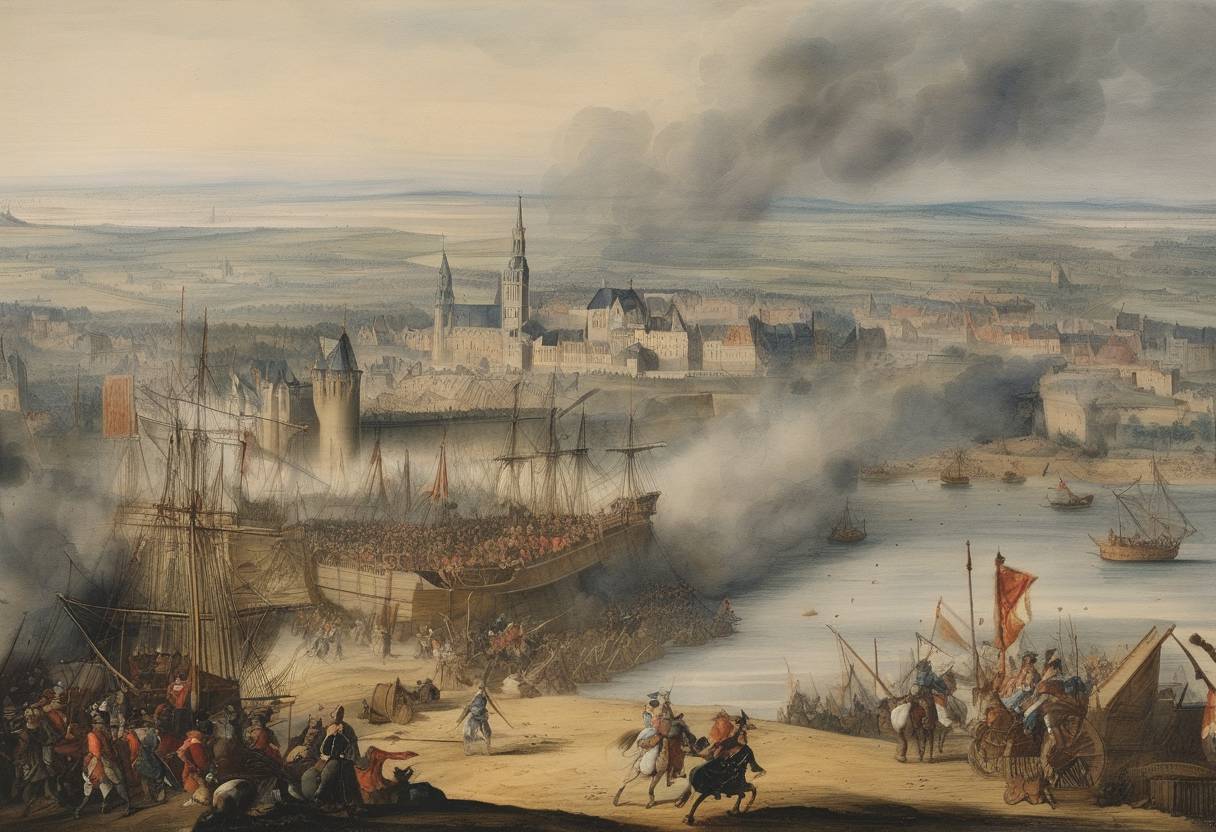 Watercolor painting based depiction of The Siege of Maastricht ends as French forces under Louis XIV capture the city during the Franco-Dutch War. (1673)