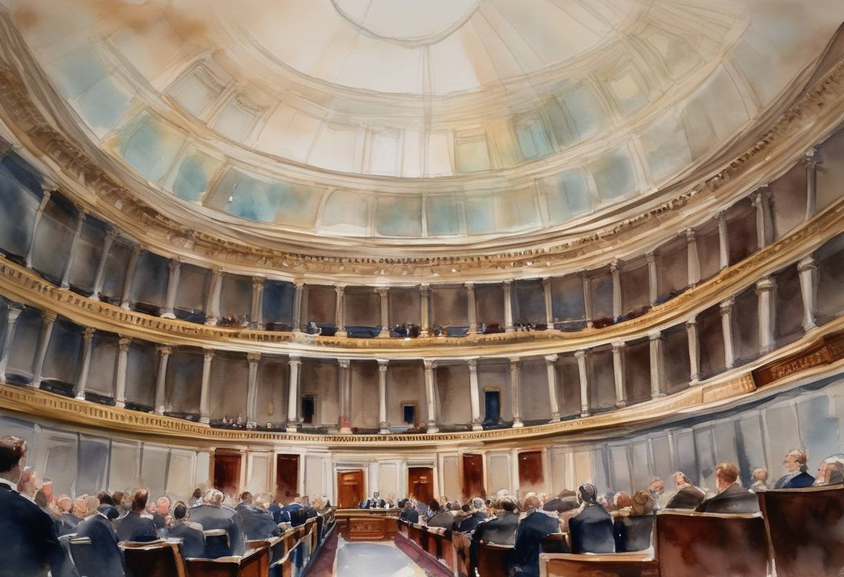 Watercolor painting based depiction of The U.S. House of Representatives passed a debt ceiling bill to suspend the federal debt limit, averting a potential economic crisis. (2023)