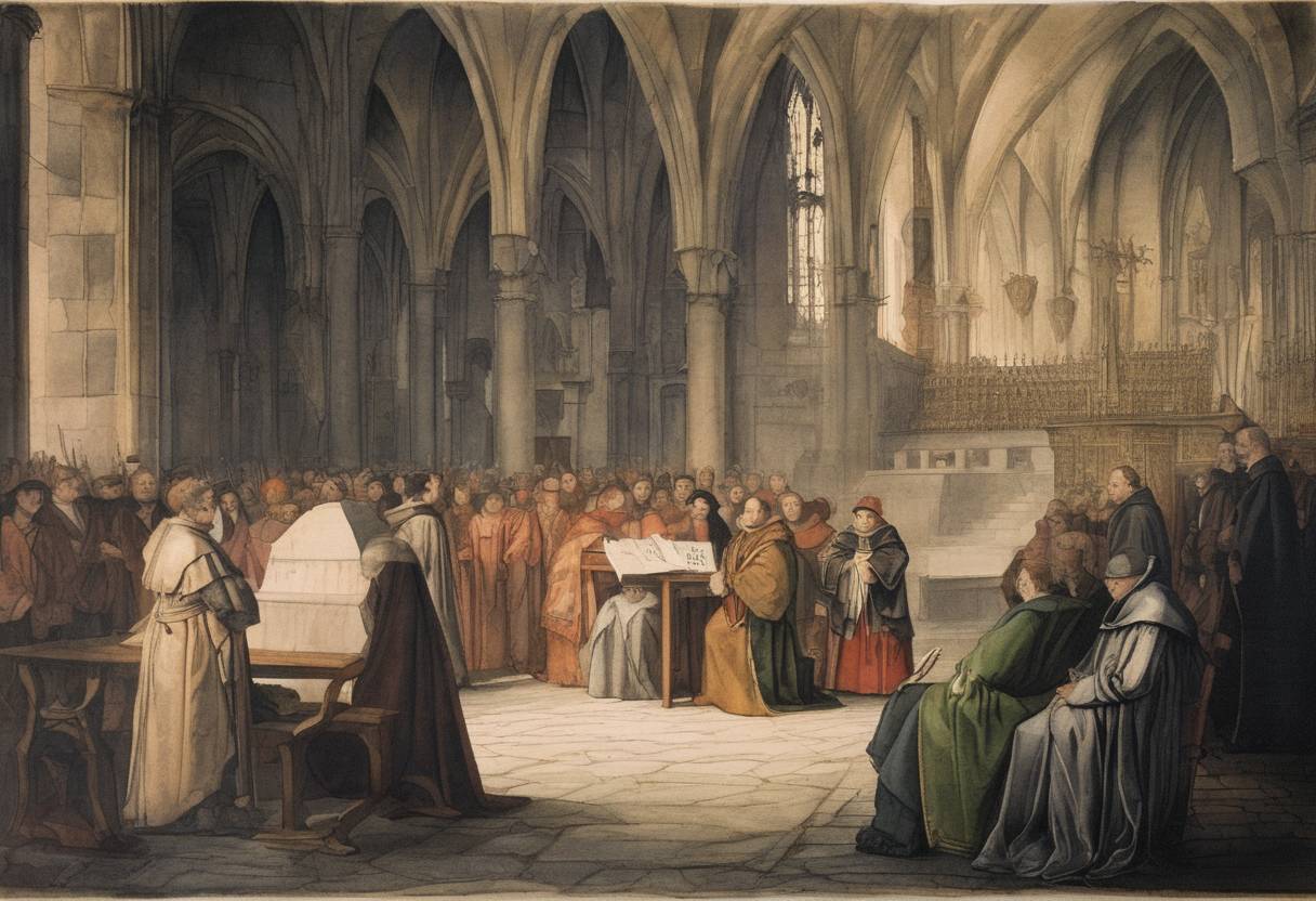 Watercolor painting based depiction of After receiving a summons from Pope Leo X, Martin Luther refuses to recant his writings and is excommunicated from the Roman Catholic Church, escalating the Protestant Reformation. (1520)