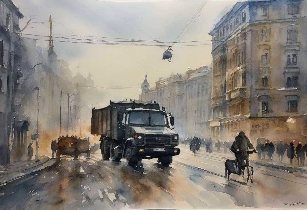Watercolor painting based depiction of Russia continued its invasion of Ukraine, with major attacks on Kyiv and other cities. Ukrainian President Volodymyr Zelenskyy announced his refusal to flee Kyiv and called for international support and more severe sanctions against Russia. (2022)