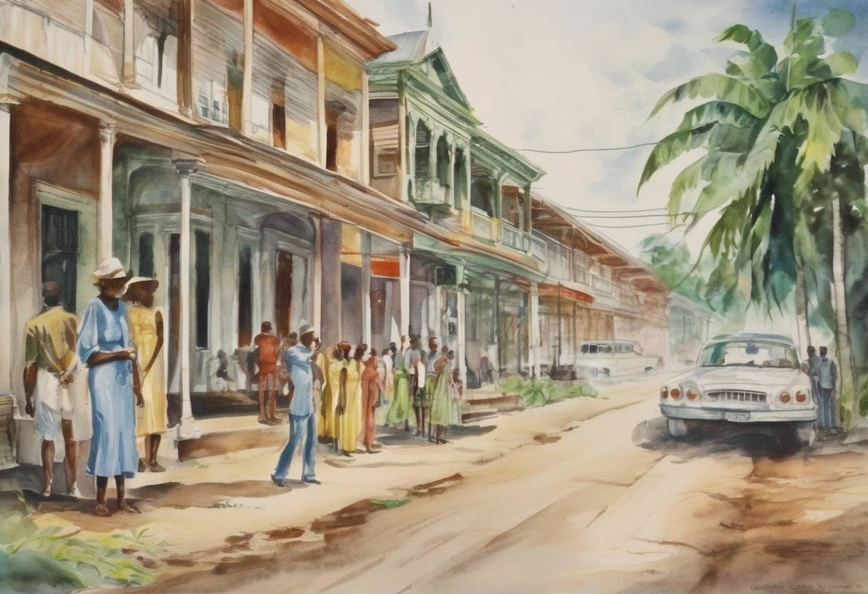 Watercolor painting based depiction of British Guiana gained independence from the United Kingdom, becoming the nation of Guyana. (1966)