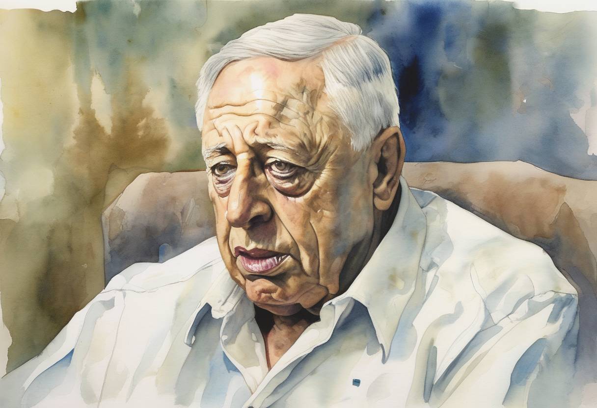 Watercolor painting based depiction of Israeli Prime Minister Ariel Sharon suffers a severe stroke, leading to his incapacitation and the end of his political career. (2006)