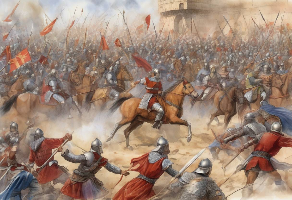 Watercolor painting based depiction of The Battle of Toulouse took place, where Duke Odo of Aquitaine defeated an Umayyad Muslim army led by Al-Samh ibn Malik al-Khawlani, the governor of Al-Andalus. (721)