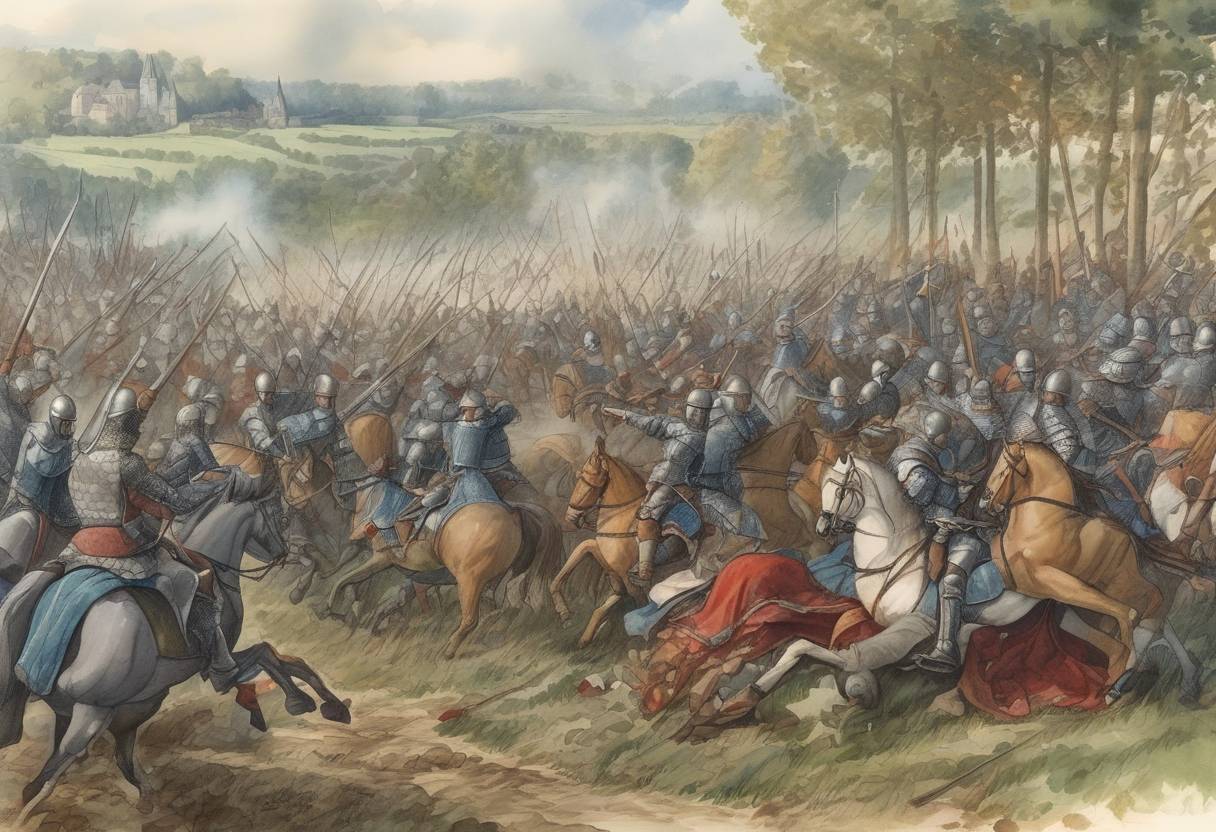 Watercolor painting based depiction of The Battle of Bouvines took place, marking a decisive victory for the French King Philip II over an alliance of English, Flemish, and Holy Roman Empire forces. (1214)