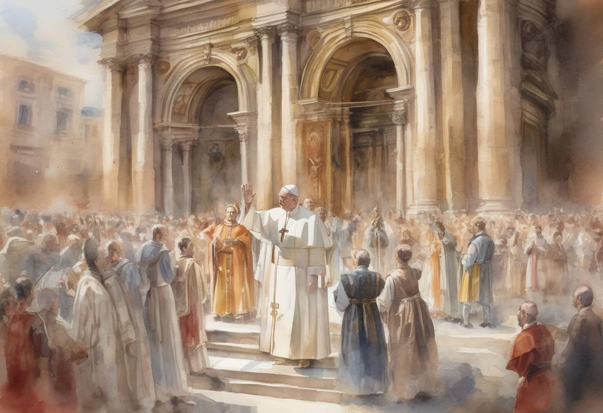 Watercolor painting based depiction of Theodore I is elected as the Pope of the Catholic Church. (649)