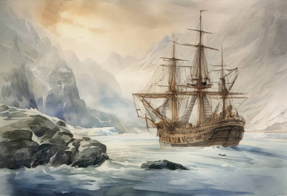 Watercolor painting based depiction of Danish navigator Vitus Bering discovers Alaska. (1741)