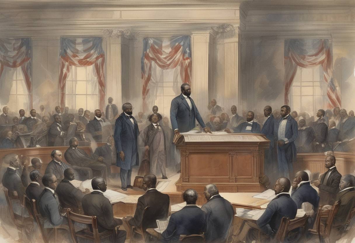 Watercolor painting based depiction of The 15th Amendment to the United States Constitution was formally adopted, granting African American men the right to vote. (1870)