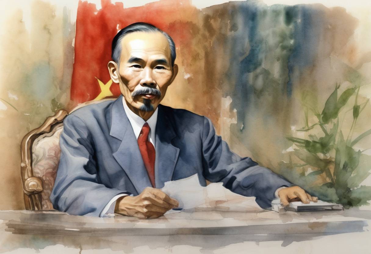 Watercolor painting based depiction of Ho Chi Minh was elected the President of North Vietnam, marking a significant moment in Vietnamese history. (1946)