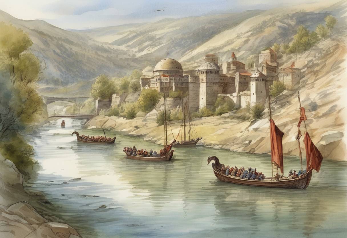 Watercolor painting based depiction of Frederick I Barbarossa, Holy Roman Emperor, drowned in the Saleph River (now Göksu River) in present-day Turkey during the Third Crusade. (1190)