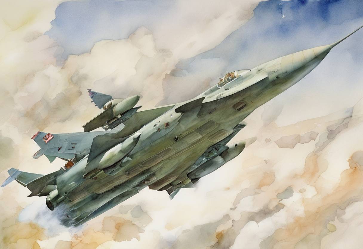 Watercolor painting based depiction of The United States officially withdrew from the Anti-Ballistic Missile Treaty, a 1972 agreement with the Soviet Union that limited the use of missile defense systems. (2002)