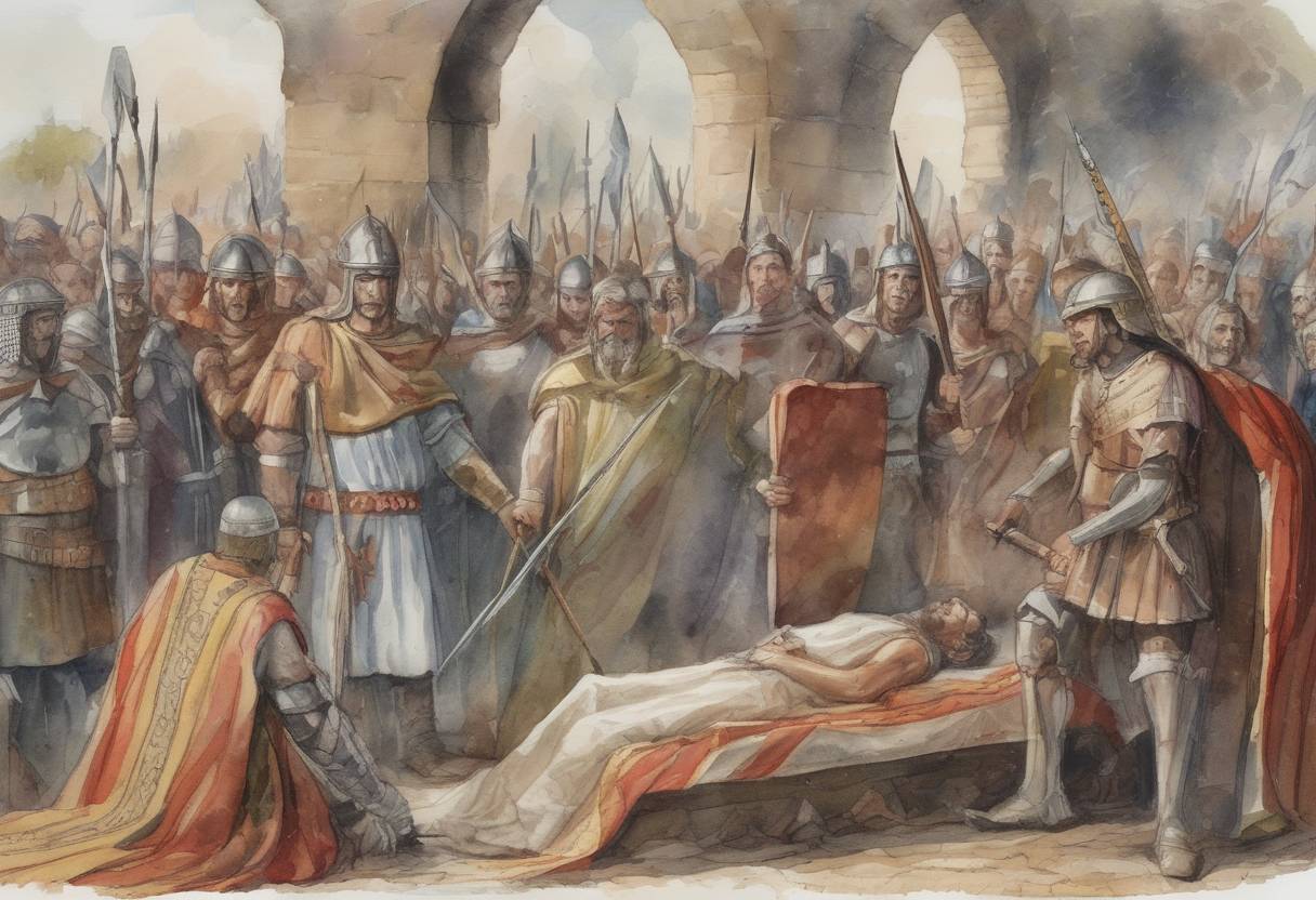 Watercolor painting based depiction of The death of King Childeric I, the Merovingian king of the Salian Franks, occurred. Childeric was the father of Clovis I, who would later unite the Frankish tribes and lay the foundations for the Frankish Empire. (481)
