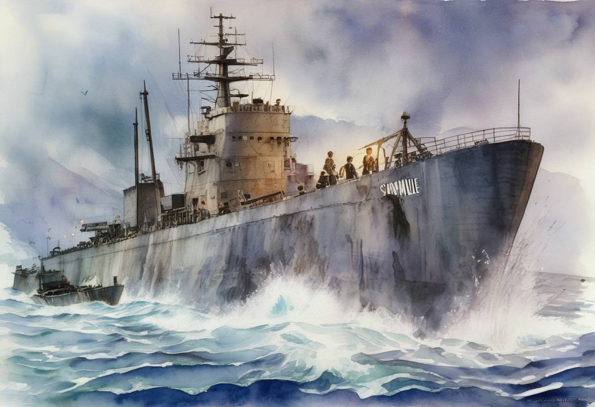 Watercolor painting based depiction of The American submarine USS Greeneville accidentally struck and sank the Japanese fishing vessel Ehime Maru near Oahu, Hawaii, resulting in the deaths of nine people. (2001)