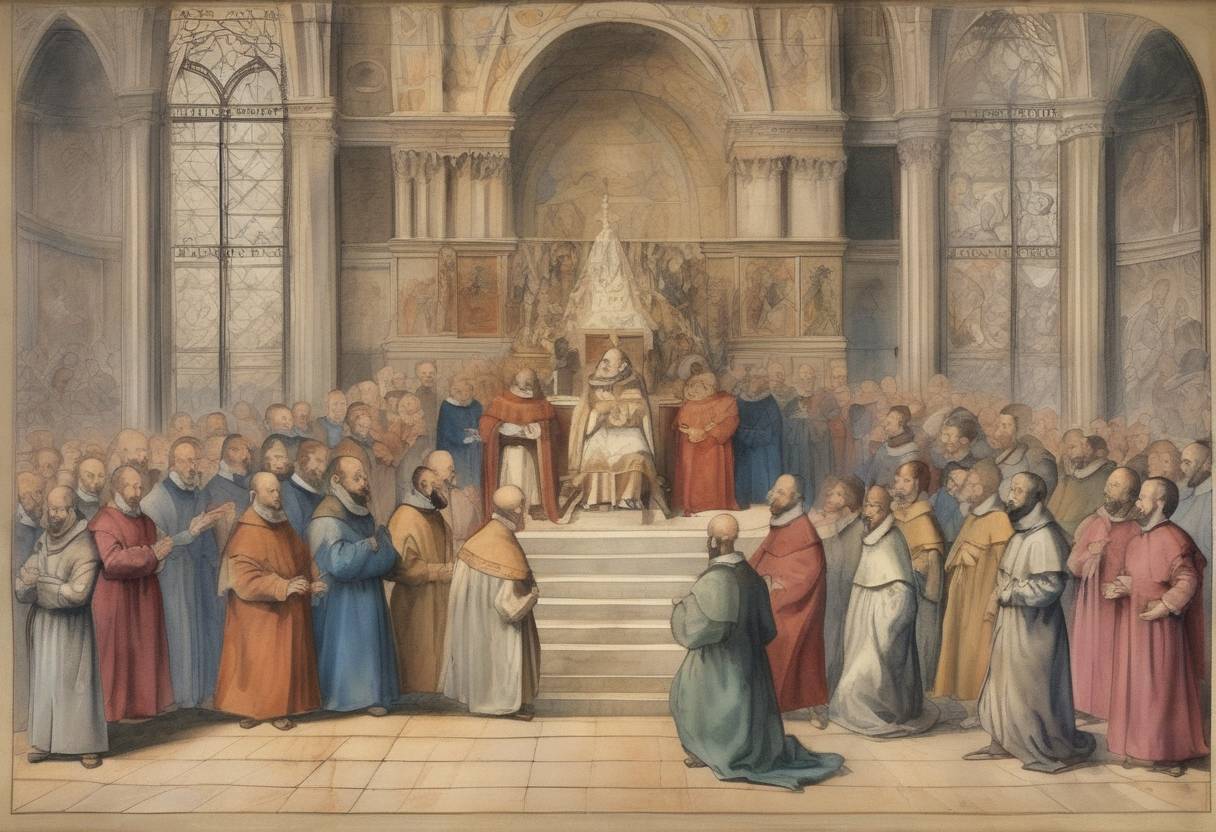 Watercolor painting based depiction of Ignatius of Loyola and six others took initial vows, leading to the formation of the Society of Jesus (Jesuits). (1534)