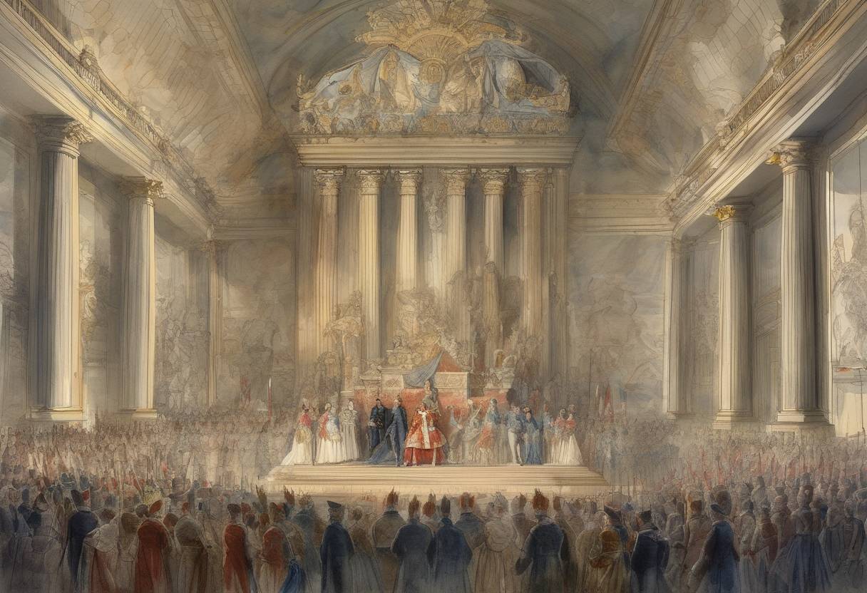 Watercolor painting based depiction of Jean-Baptiste Bernadotte ascends to the throne of Sweden as King Charles XIV John. (1818)