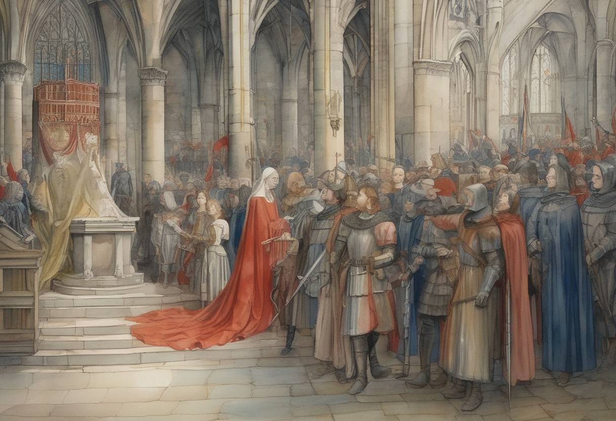 Watercolor painting based depiction of A retrial verdict acquits Joan of Arc of heresy, 25 years after her execution. (1456)