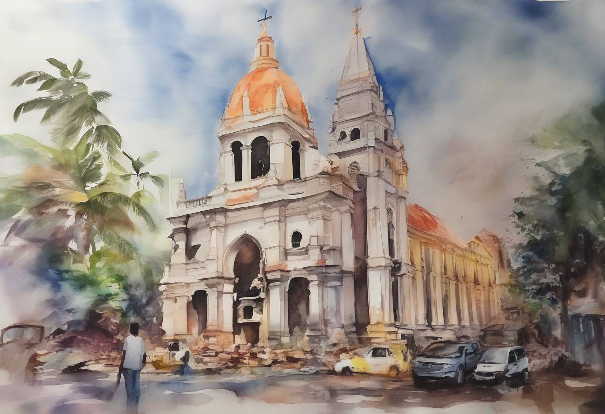 Watercolor painting based depiction of A series of coordinated terrorist bombings occurred in Sri Lanka on Easter Sunday, targeting churches and hotels, resulting in over 250 deaths. (2019)