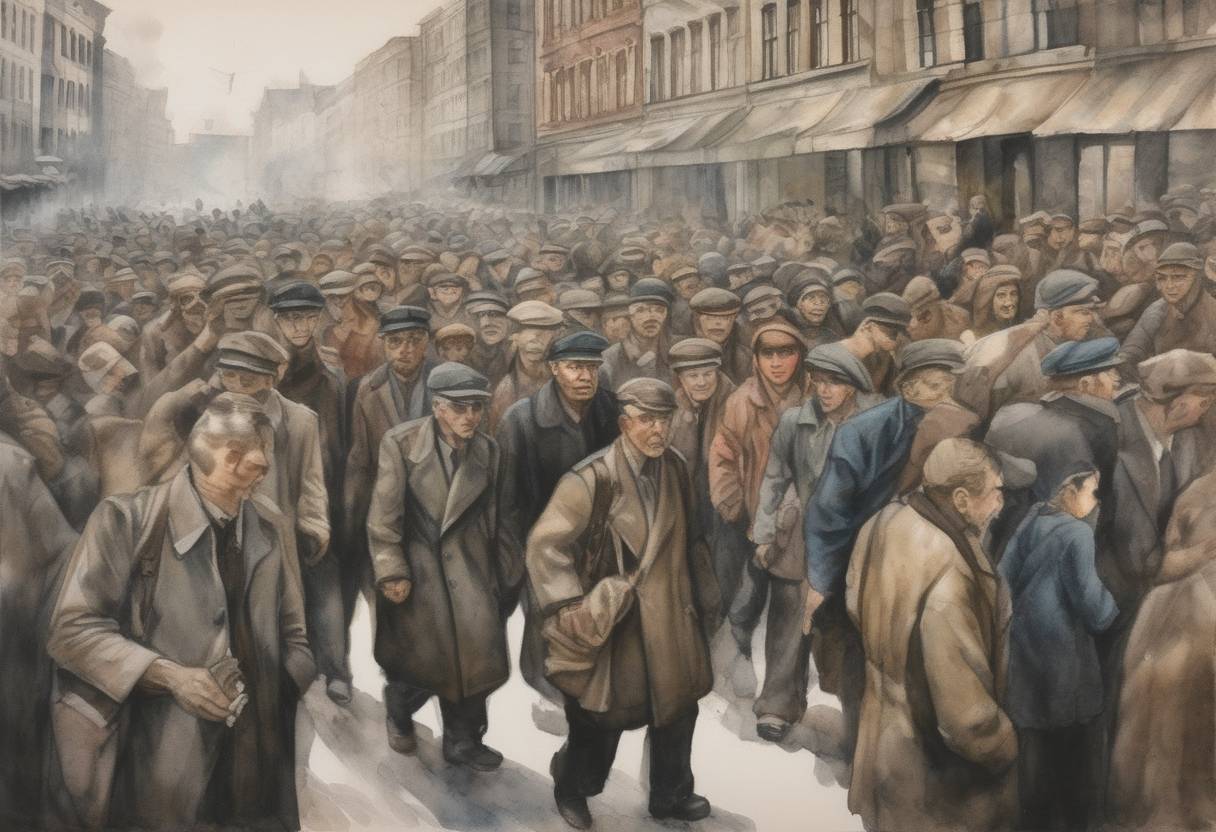 Watercolor painting based depiction of The systematic deportation of Jews from the Warsaw Ghetto began, marking a significant escalation in the Holocaust. (1942)