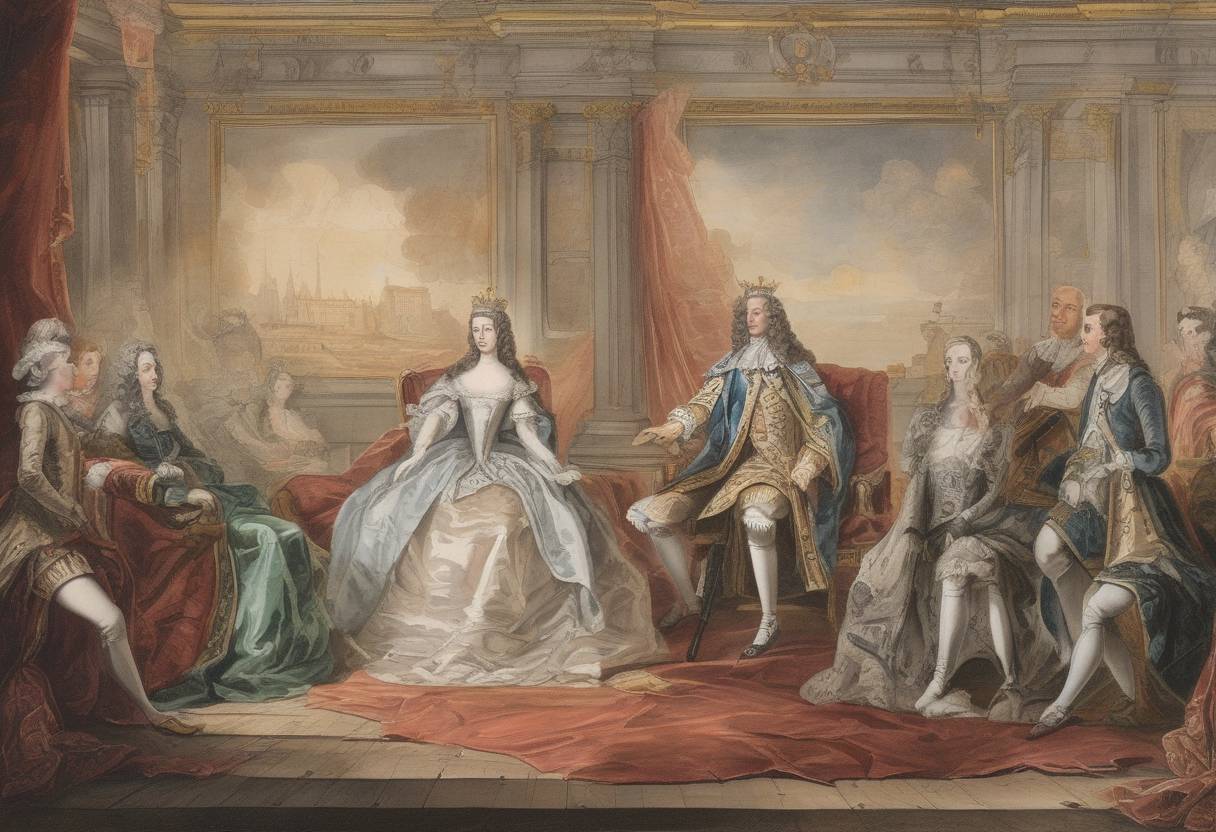 Watercolor painting based depiction of Queen Anne ascended the throne of England, Scotland, and Ireland following the death of King William III. (1702)