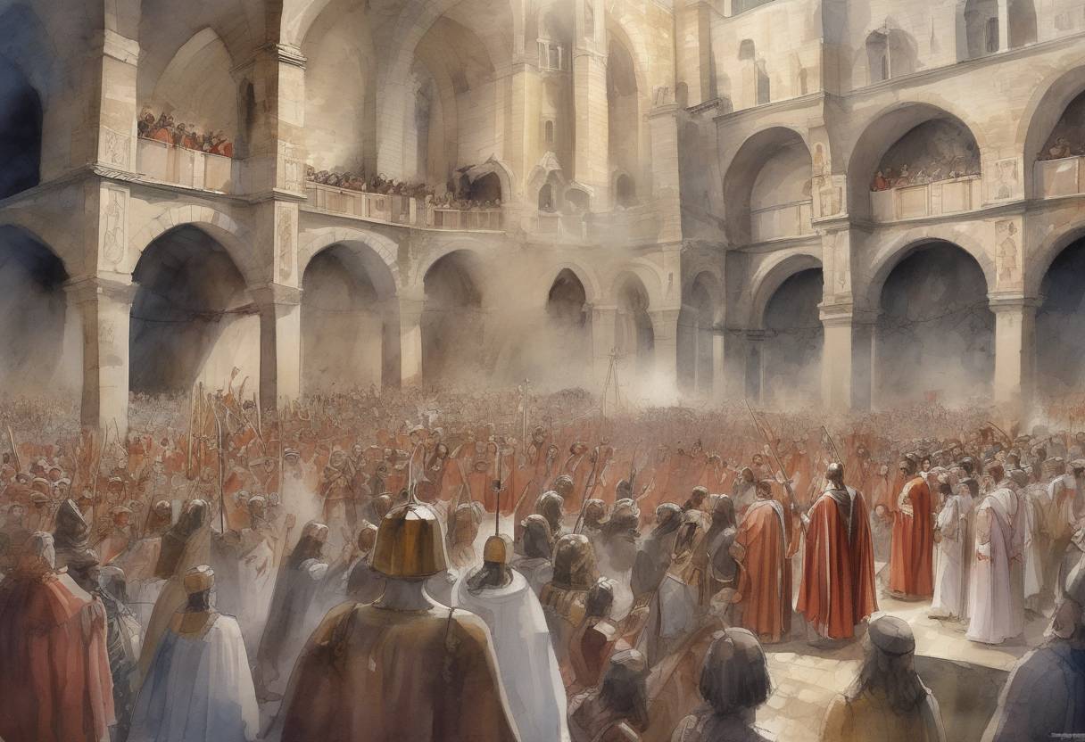 Watercolor painting based depiction of The Third Council of Toledo begins, marking a significant moment in the history of the Visigothic Kingdom in Hispania. This council is notable for the conversion of King Reccared I from Arianism to Catholicism, which leads to the religious unification of the kingdom. (589)