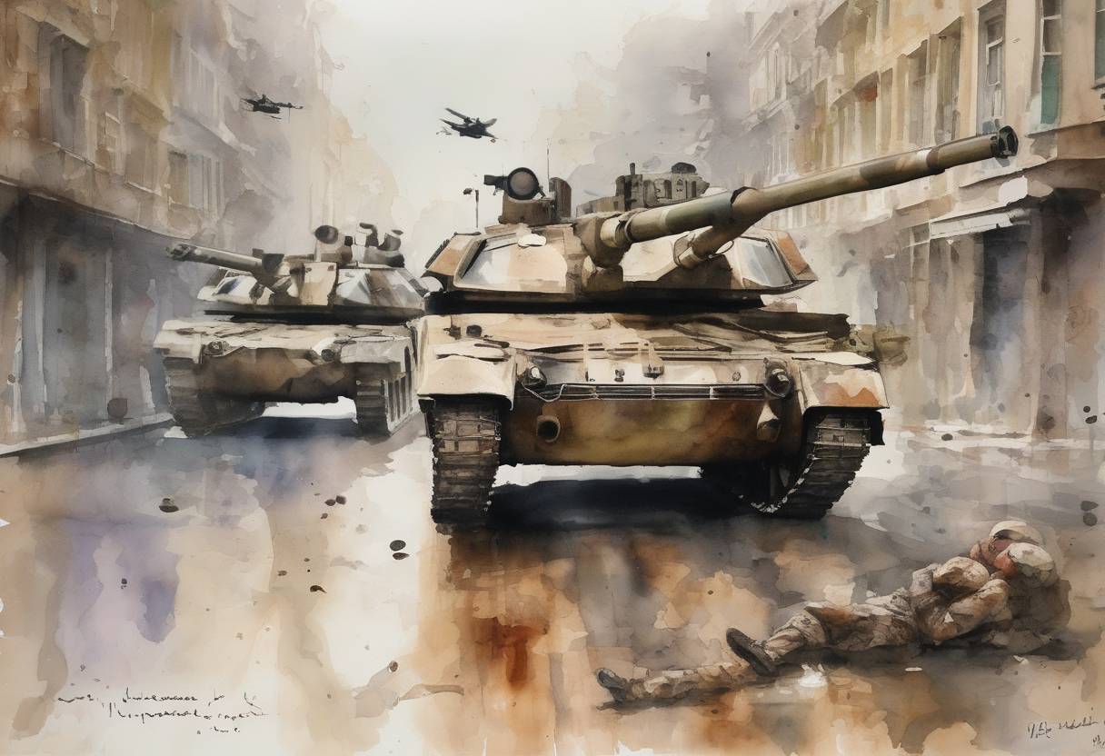 Watercolor painting based depiction of The European Union lifted its arms embargo on the Syrian opposition, allowing member states to provide weapons to rebel groups fighting against the Assad regime. (2013)