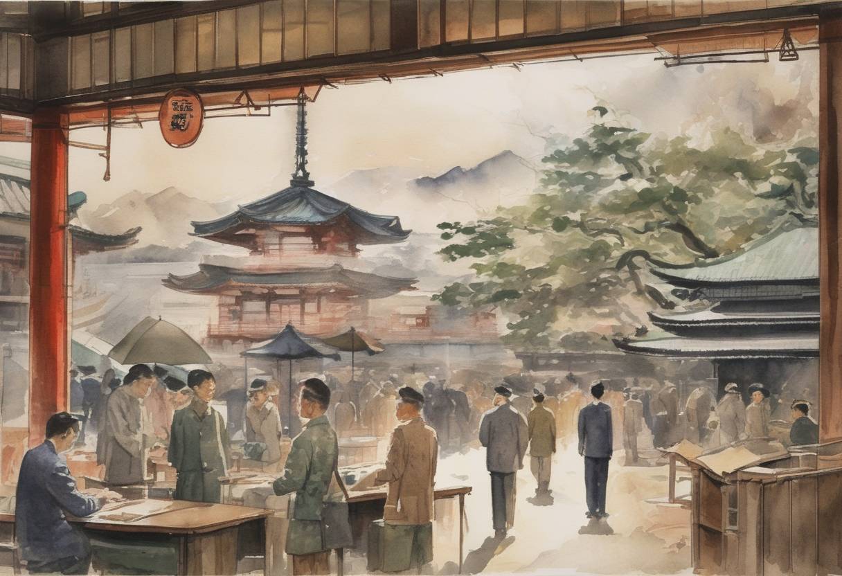 Watercolor painting based depiction of The new post-war Constitution of Japan went into effect, establishing a parliamentary system and renouncing war. (1947)