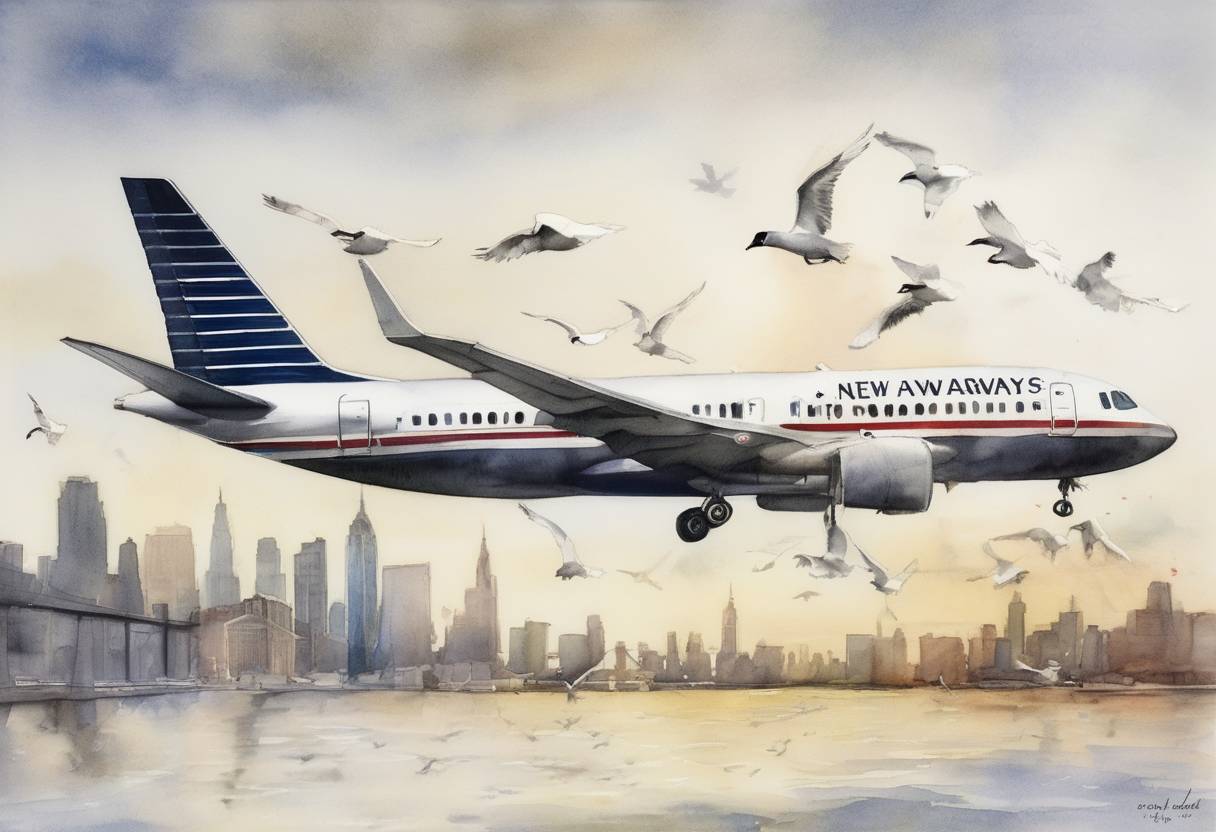 Watercolor painting based depiction of US Airways Flight 1549 made an emergency landing in the Hudson River after striking a flock of geese shortly after takeoff from LaGuardia Airport. (2009)