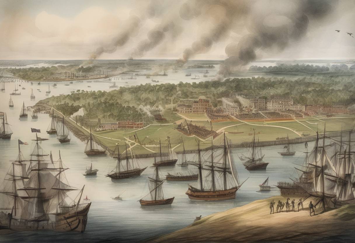 Watercolor painting based depiction of Charleston, South Carolina, fell to British forces during the American Revolutionary War, marking one of the worst American defeats of the war. (1780)