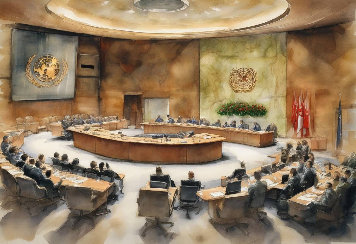 Watercolor painting based depiction of The United Nations Security Council held a meeting to discuss the situation in Iraq, focusing on the country's compliance with weapons inspections and the ongoing humanitarian crisis. (2002)
